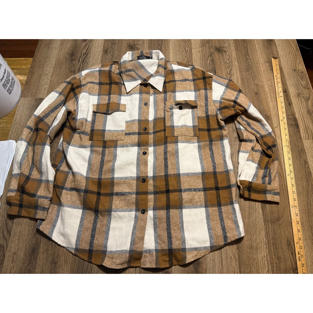 Trendy Queen Shirt Women 2XL Brown Plaid Shacket Flanne Button Up Long Sleeve